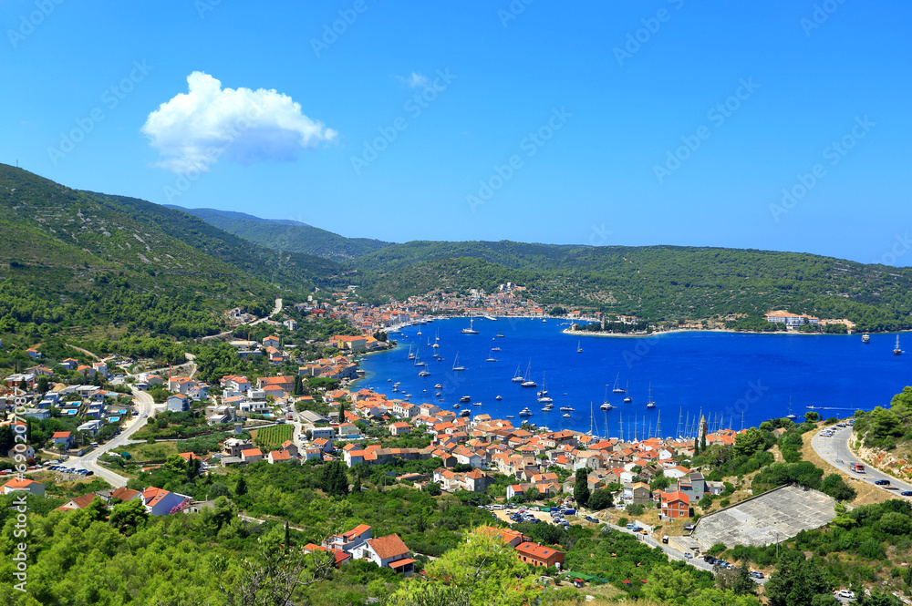 Panoramic view of Vis town on homonymous island, Adriatic sea, Dalmatia, Croatia