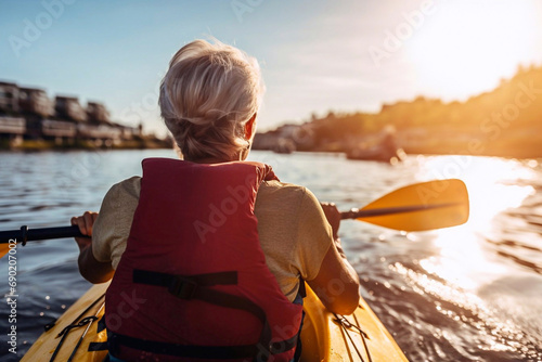 Senior woman kayaking  in the river . Retired elderly people man and woman have fun outdoor lifestyle travel nature and rowing a boat in the river. 
