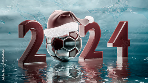 Obraz na płótnie Close up view of 2024 number. Red text and soccer balls on the turquoise reflective ground. Ball with santa hat. New Year Sign. Sport concept. Happy new year 2024. 3D rendering. w salonie