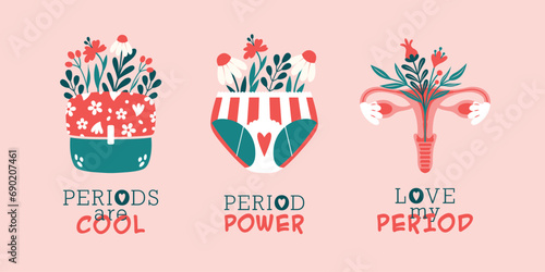 Set of clip arts with feminine hygiene products, container of female pad, panties, reproductive system with blooming flowers, plants, berries, leaves. Vector cartoon illustrations. Period Power.