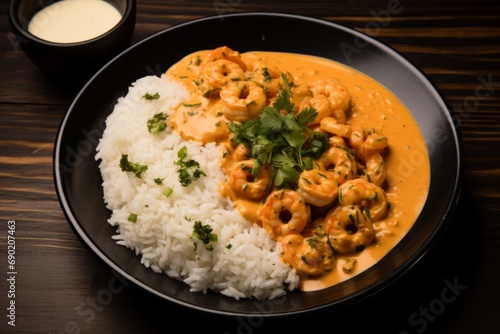 A tempting serving of Vatapa, a Brazilian delicacy made with shrimp, bread, and coconut milk, accompanied by steaming rice and coriander