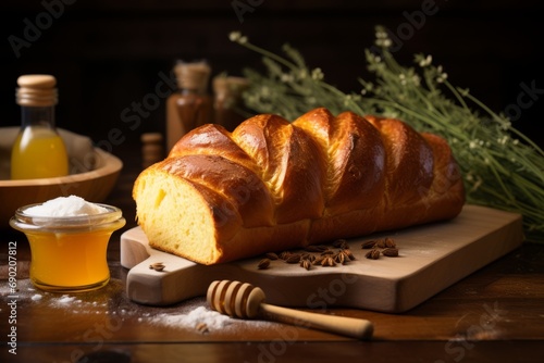 A beautifully browned homemade brioche loaf amidst baking ingredients on a country-style kitchen table photo