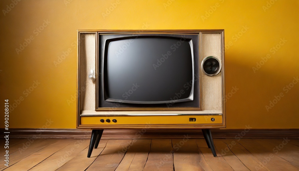 Classic retro 1950s TV set with black screen, yellow wall and wooden floor. AI generated image.