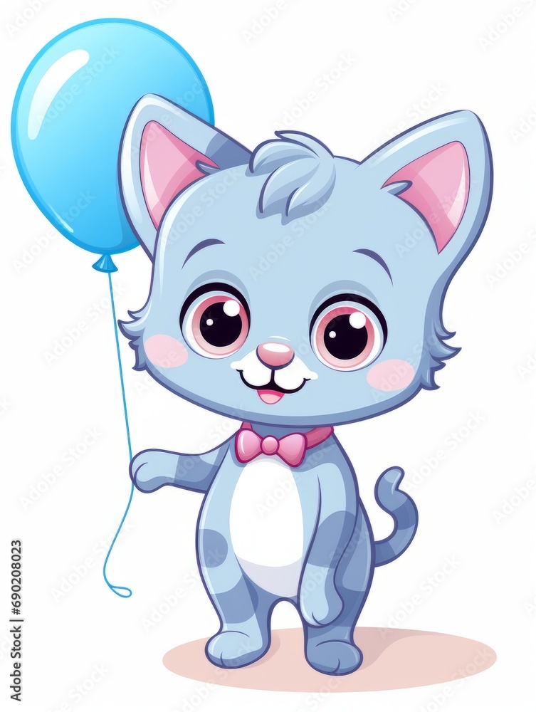 Cartoon sticker cute kitten with blue balloon, AI Cartoon sticker cute kitten with blue balloon, AI