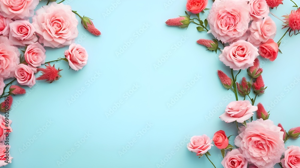 Flowers composition. Rose flowers on blue background. Valentines day, mothers day, womens day concept. Flat lay, top view, copy space