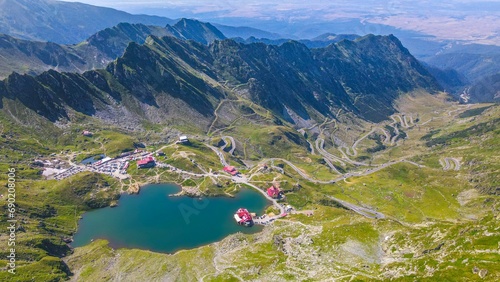 Scenic landscape featuring Balea Lake and the Transfagarasan Road in Fagaras Mountains in Romania