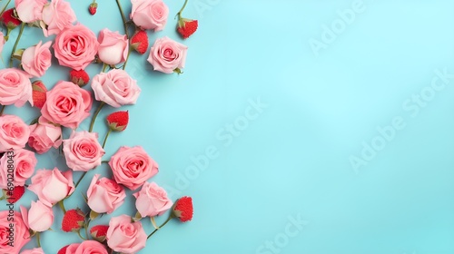 Flowers composition. Rose flowers on blue background. Valentines day, mothers day, women's day concept. Flat lay, top view, copy space