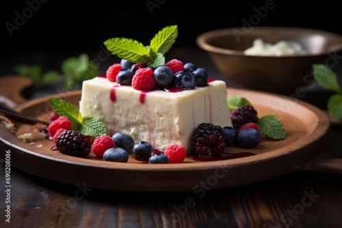 A tantalizing piece of Italian Semifreddo dessert adorned with vibrant berries and mint, presented on a vintage wooden table