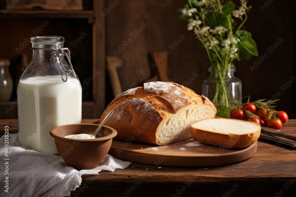 A wholesome breakfast setup with a bottle of Ryazhenka, a Russian fermented milk drink, accompanied by fresh bread and a vintage spoon