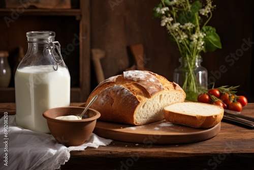 A wholesome breakfast setup with a bottle of Ryazhenka, a Russian fermented milk drink, accompanied by fresh bread and a vintage spoon