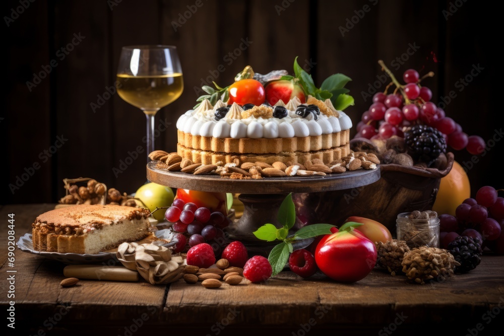 A festive scene featuring a traditional Panpepato, an Italian dessert, amidst its key ingredients on a rustic table A festive scene featuring a traditional Panpepato, an Italian dessert, amidst its key ingredients on a rustic table