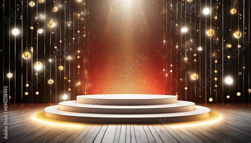 Oświetlone podium, scena otoczone lampami na czerwonym tle photo