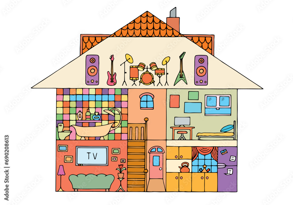The interior of a house with several rooms, a kitchen, a bathroom and a music studio in the attic. Hand Drawn. Freehand drawing. Doodle. Sketch. Outline. Coloring book.	