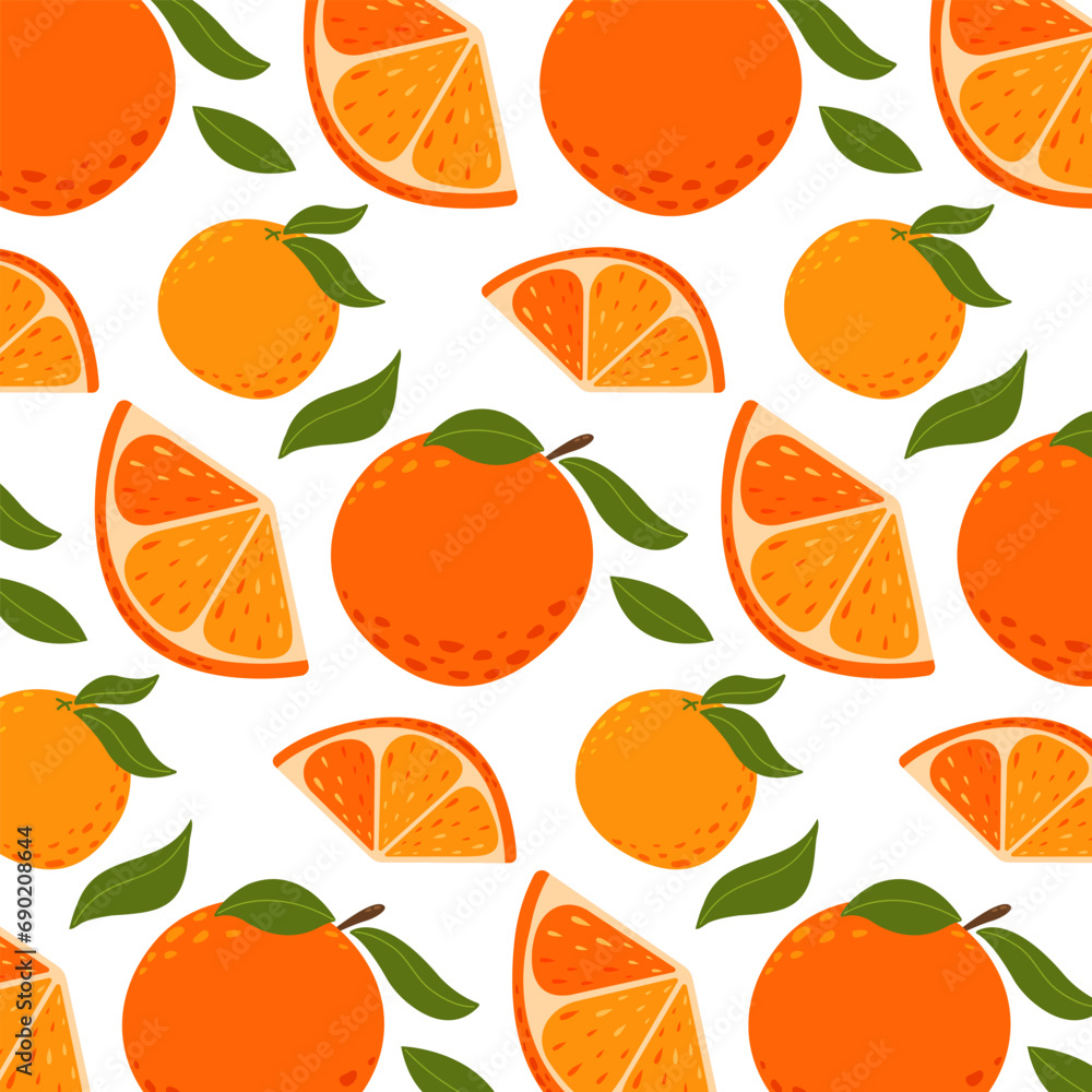 Orange fruit seamless pattern with whole and sliced fruits. Summer vitamin background, vector illustration for paper, cover, fabric, gift wrap Orange fruit seamless pattern with whole and sliced fruits. Summer vitamin background, vector illustration for paper, cover, fabric, gift wrap
