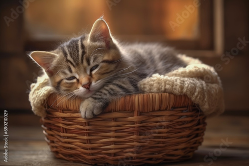 Close up of an adorably cute ginger cat with a tail curled up into a basket in the background of a modern house. Animal concept of relaxing and rest. © cwa