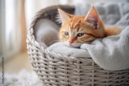 Close up of an adorably cute ginger cat with a tail curled up into a basket in the background of a modern house. Animal concept of relaxing and rest.