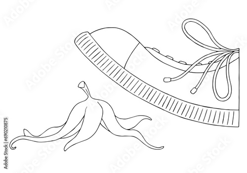 A person steps on a banana peel. Concept of failure. Man stepping on banana. Hand Drawn. Freehand drawing. Doodle. Sketch. Outline.	