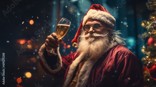 santa claus is holding a glass of champagne photo