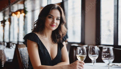 Beautiful brunette woman on a date in a restaurant with negative space