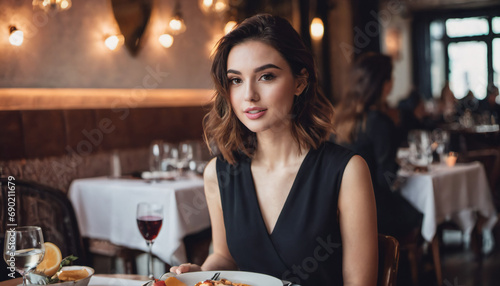 Beautiful brunette woman on a date in a restaurant with negative space