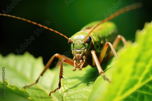 close view of insect on plant leaf and natural green background (AI Generator) © naruto