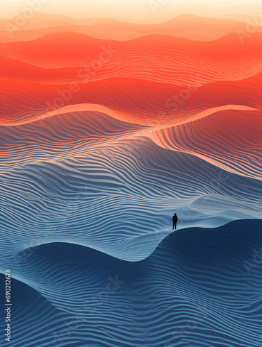 An illustration of a person walking on a red and blue desert background