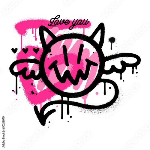 Black paint spray graffiti of naughty winged devil with splatter and drips. Street art devil sticker with heart in urban style. Painted vector design isolated for Valentines day