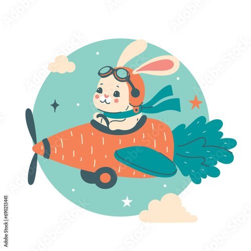 Cute bunny flying on a plane shaped like a carrot. Vector graphics.