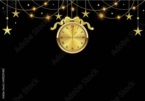 Fondo negro, iluminado, reloj, estrellas, navidad