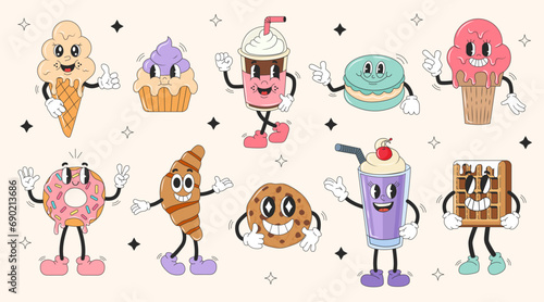 Set retro cartoon characters. Sweets in groovy style. Modern illustration with cute comics characters. 60 -70s vibes sticker set. 