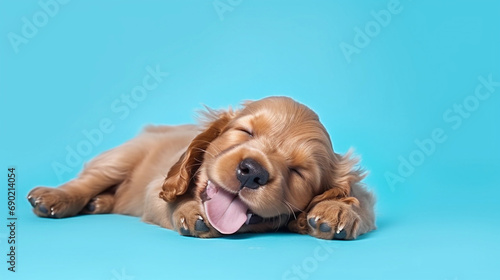 Happy English Cocker Spaniel Puppy Dog sleeping on isolated on blue cyan background 