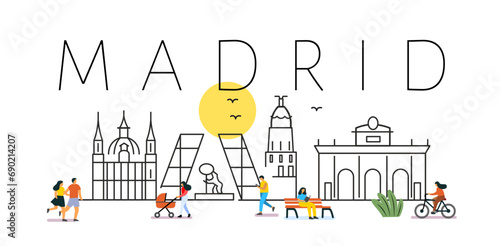 city of Madrid in outline style on white. Landmarks sign with inscription.