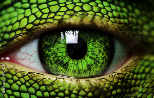 Lizard skin pattern on human face. Green lizard pattern on face. green eye.