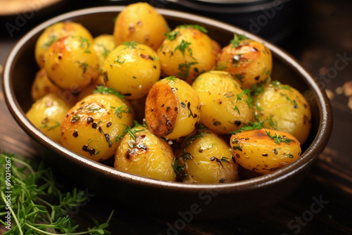 roasted young potatoes. Young roasted baby potatoes in a black baking dish on a wooden table