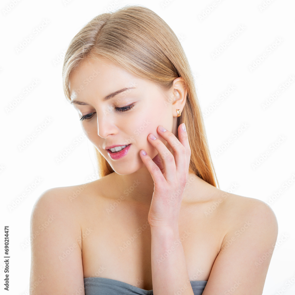 Attractive young caucasian woman with long blond hair happy smiling and posing at studio over white background Attractive young caucasian woman with long blond hair happy smiling and posing at studio over white background