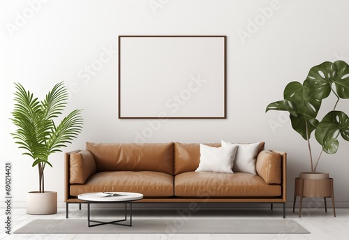 Brown leather sofa with white throw pillows and small table on rug. Two side plant decors against white plain wall and mockup frame poster. photo