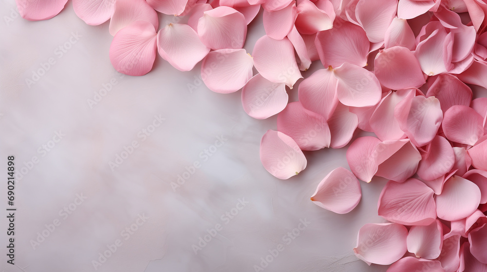 Fototapeta premium Beautiful background with pink rose petals on a gray concrete background. Romance, Love, Valentine's Day, International Women's Day.