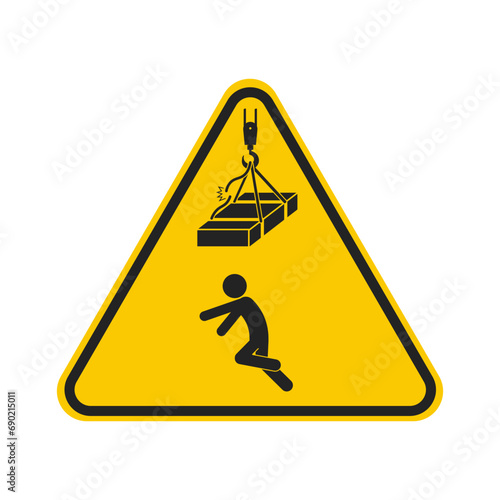 Triangle yellow safety sign risk of fall from height, wire sling break, for industrial engineering crane safety sign