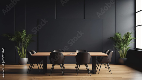 Copy space partition with place for advertising poster or logo in modern interior design cenference room. spacious office hall with conference table, wooden floor and dark wall background Mock up. Con © Dirk