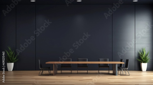 Copy space partition with place for advertising poster or logo in modern interior design cenference room. spacious office hall with conference table, wooden floor and dark wall background Mock up.
Con photo