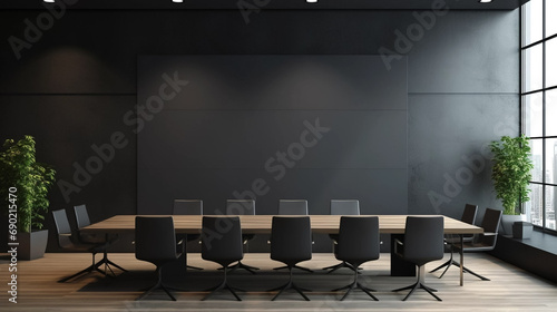 Copy space partition with place for advertising poster or logo in modern interior design cenference room. spacious office hall with conference table, wooden floor and dark wall background Mock up.
Con photo