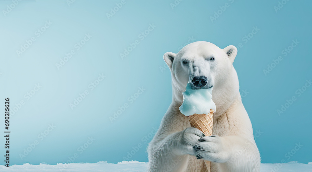 Obraz premium On a blue background, a polar bear holds ice cream in its paws and growls 