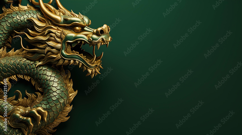 Fototapeta premium Traditional green with gold chinese dragon with copy space. New Year of the Dragon 2024