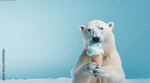 On a blue background, a polar bear holds ice cream in its paws and growls 