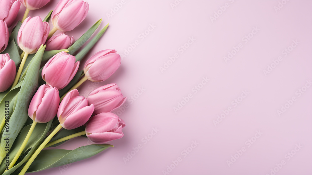 bouquet of pink tulips on a pale pink background with empty space for text International Women's Day, Mother's Day bouquet of pink tulips on a pale pink background with empty space for text International Women's Day, Mother's Day