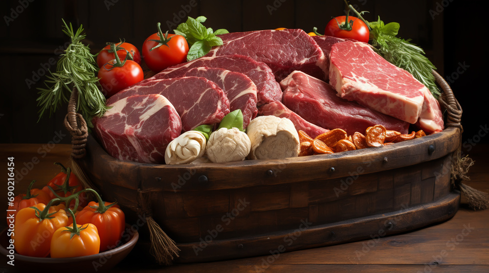 Lot of different raw meat in basket on wooden table on wooden background