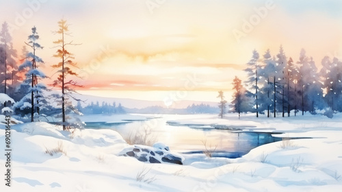 Abstract watercolor mountains landscape with lake and snow. Winter nature landscape blue color watercolor vector illustration. Drawing winter time concept background. © alexkich