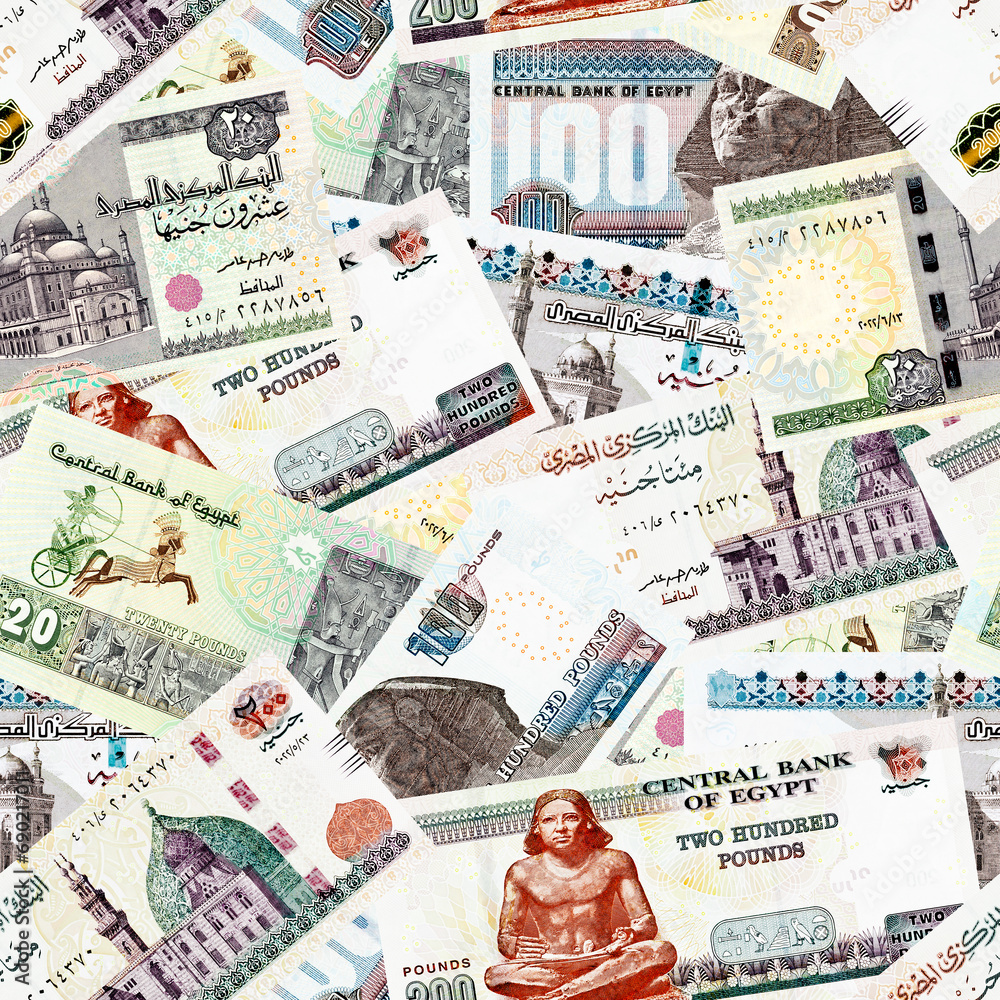 Seamless pattern with banknotes of Egyptian pounds