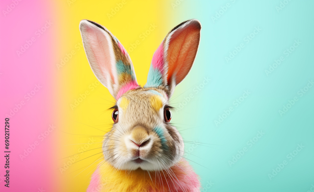 Fototapeta premium Creative animal concept, macro shot of cute bunny head over pastel background. 