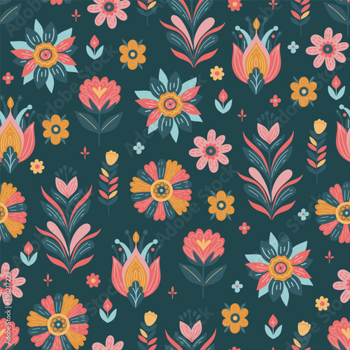 Seamless pattern of stylized flowers on a dark green background. Vector graphics.